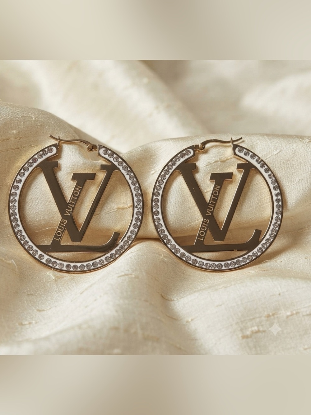 Brand New !!  Gold and Clear Crystal LV Hoop Earrings